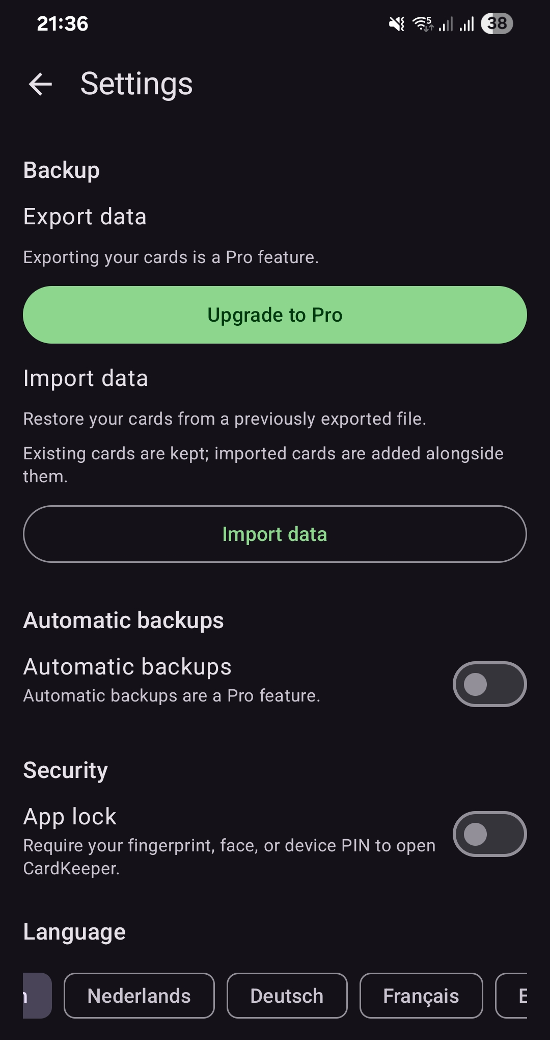 CardKeeper's export, import, and automatic backup settings