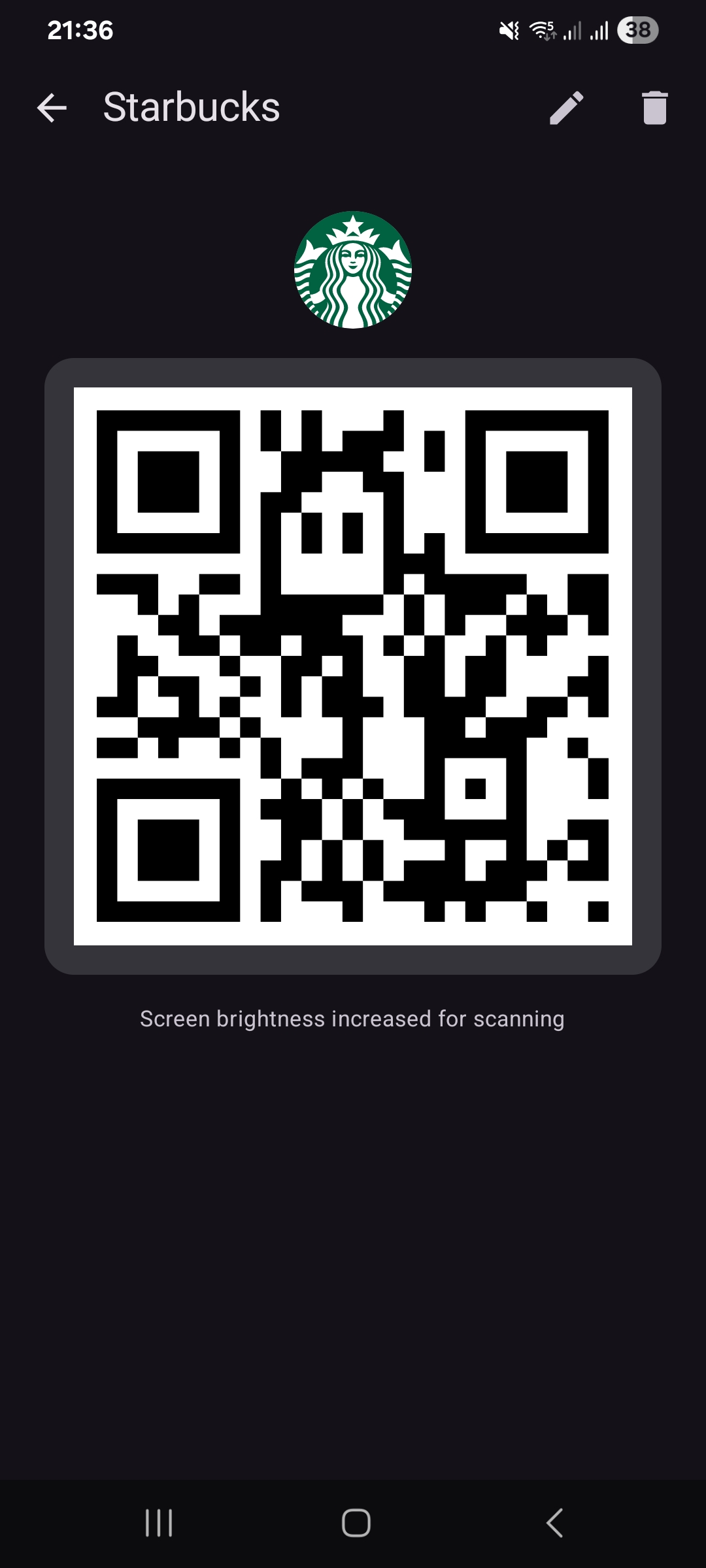 A card's QR code shown full screen, ready to scan at the register