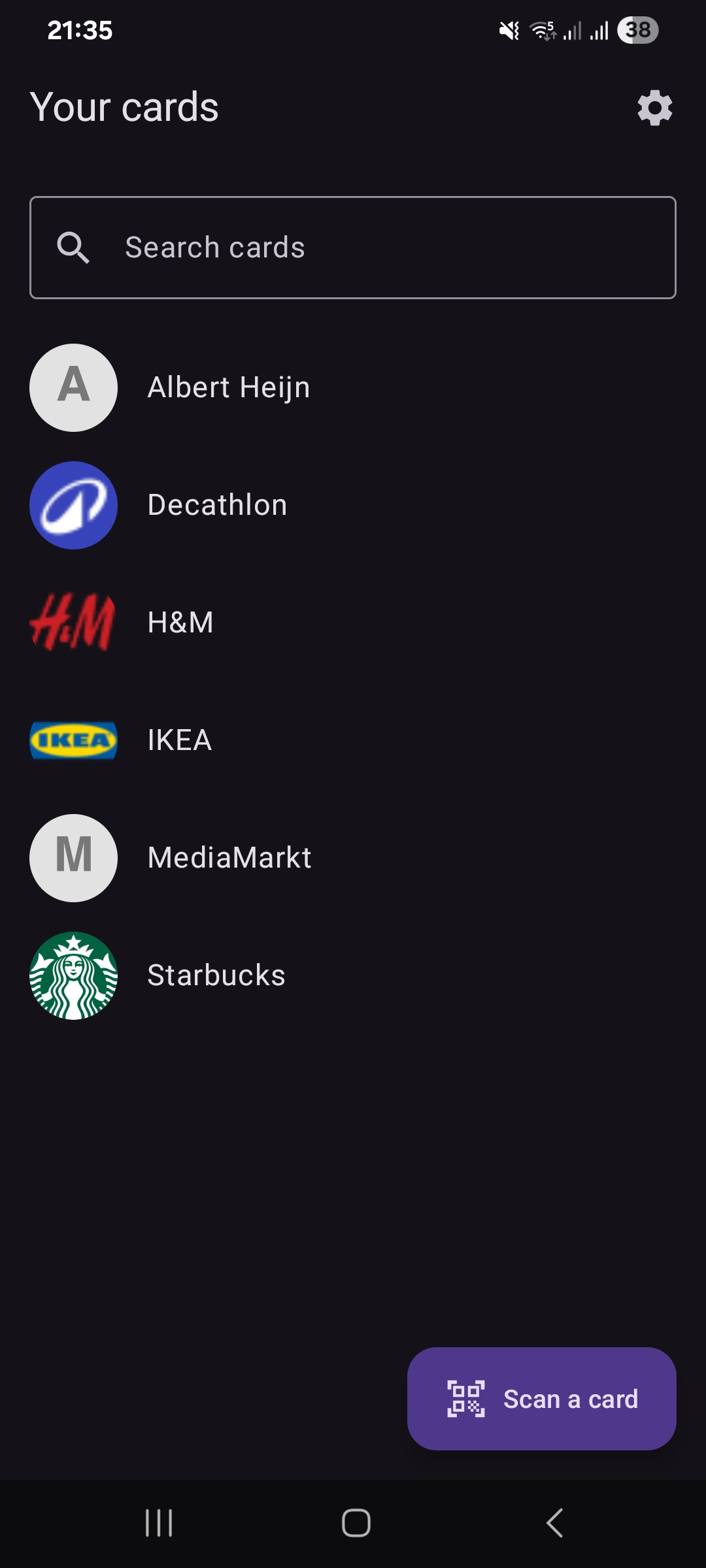 CardKeeper's card list showing several loyalty cards with their logos